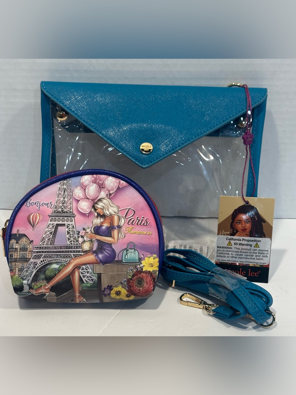Nicole Lee Teal Clear Envelope Crossbody Bag with Cosmetic Pouch